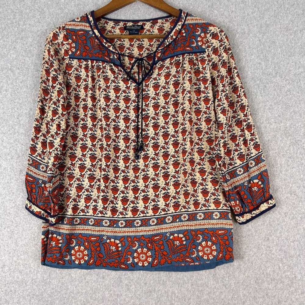 Lucky Brand Shirt Women X-Small Cream Red Floral Tassels Tie Peasant Bohemian